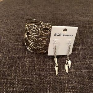 BCBG Silver Cuff Bracelet & Silver Dangle Earings